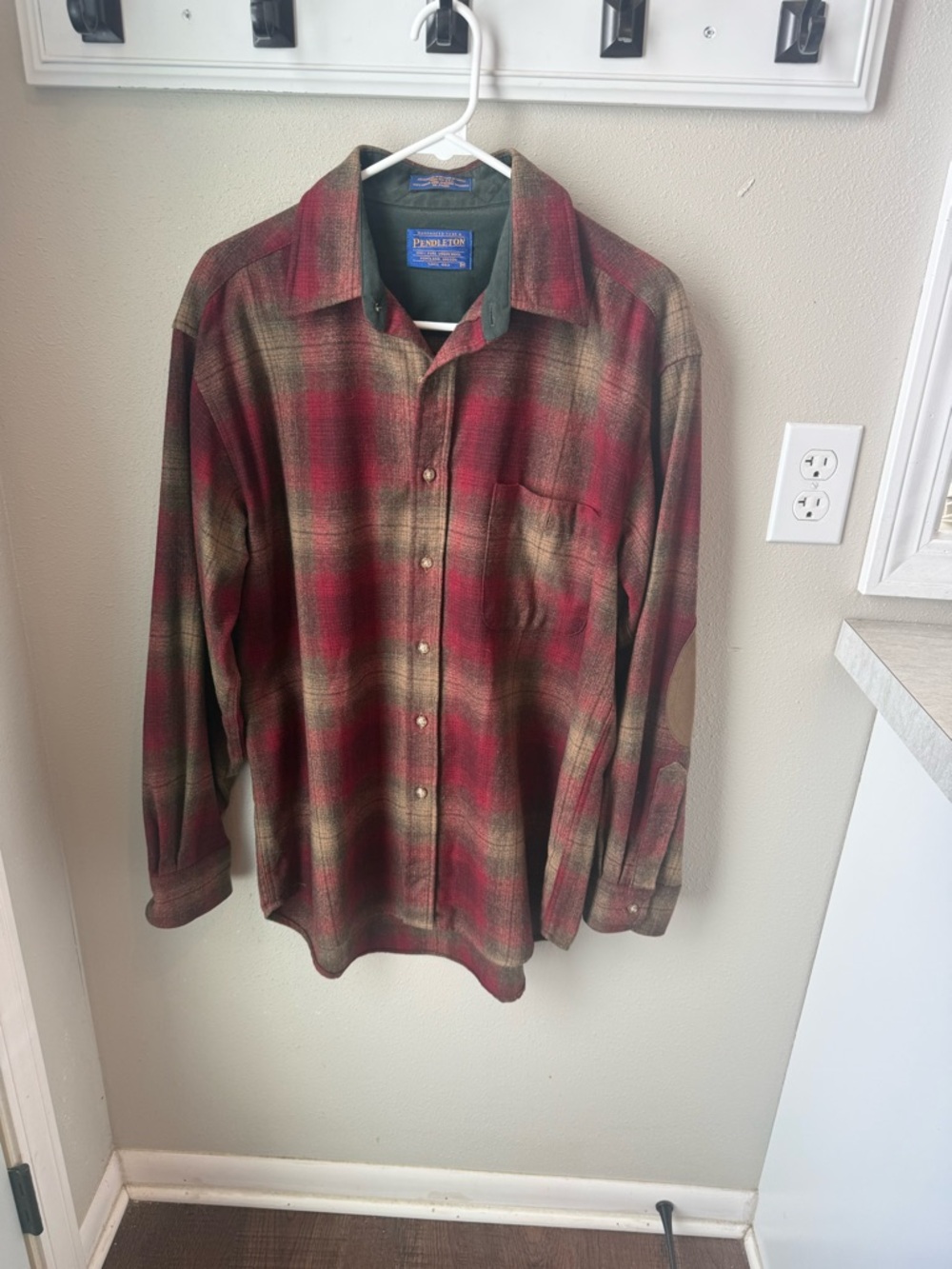 Vintage Pendleton Red and Olive Plaid Wool Button-Down Shirt
